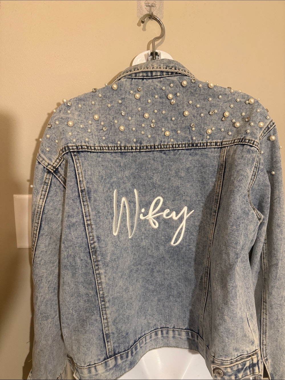 David's Bridal Light Wash Denim Jacket with Pearl Embellishments
